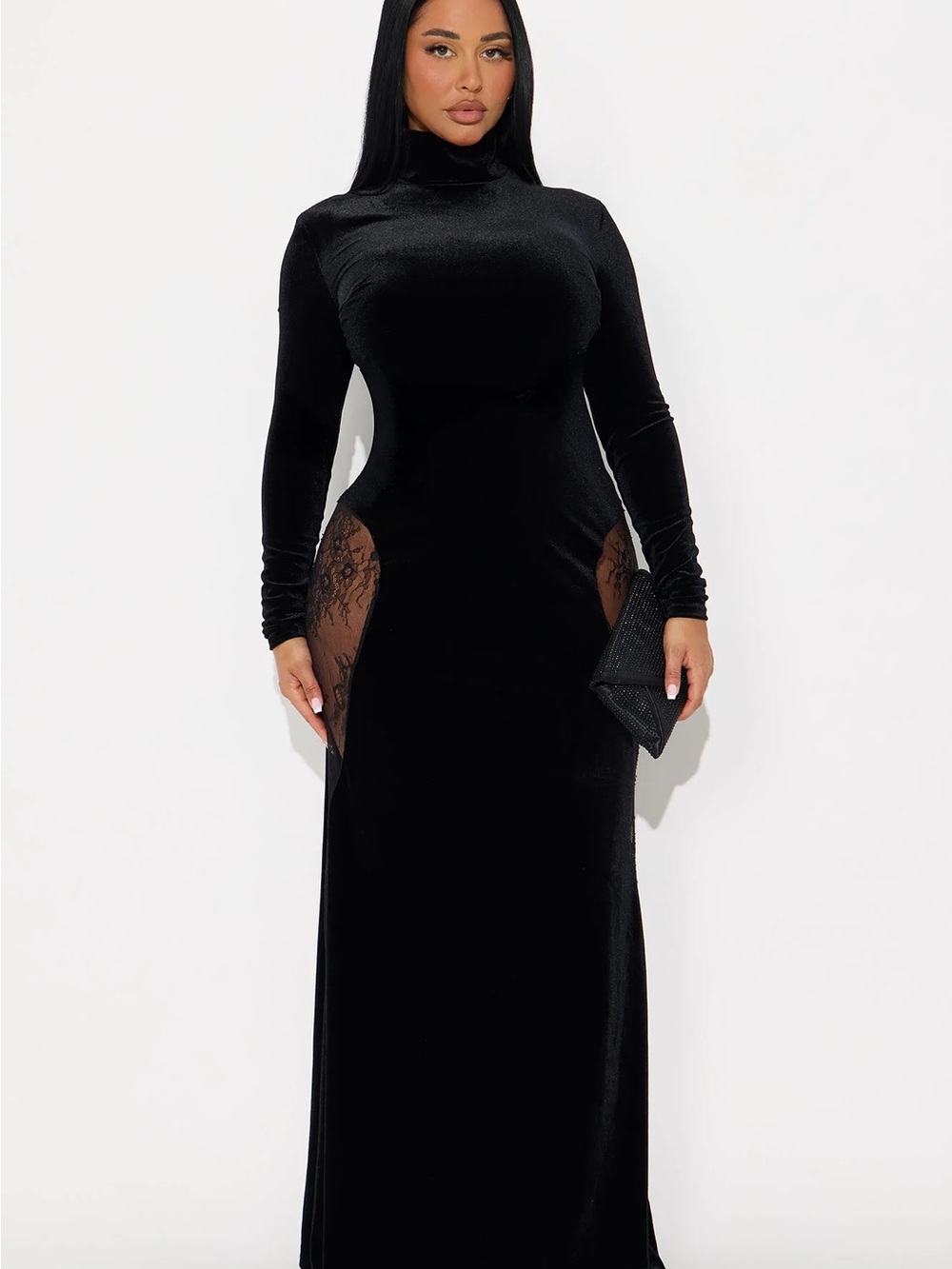 Black Long Sleeve Velvet Maxi Dress with Lace Insets